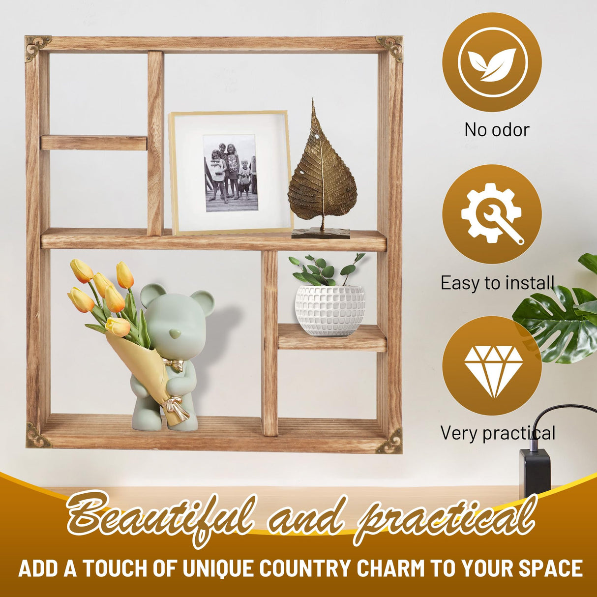 MITREL 17.7x15.7-Inch Shadow Box Display Shelf,6-Slot Rustic Floating Shelves,Larger Wood Trinket Shelf Freestanding Farmhouse Curio Shelf(6C-Brown) MITREL