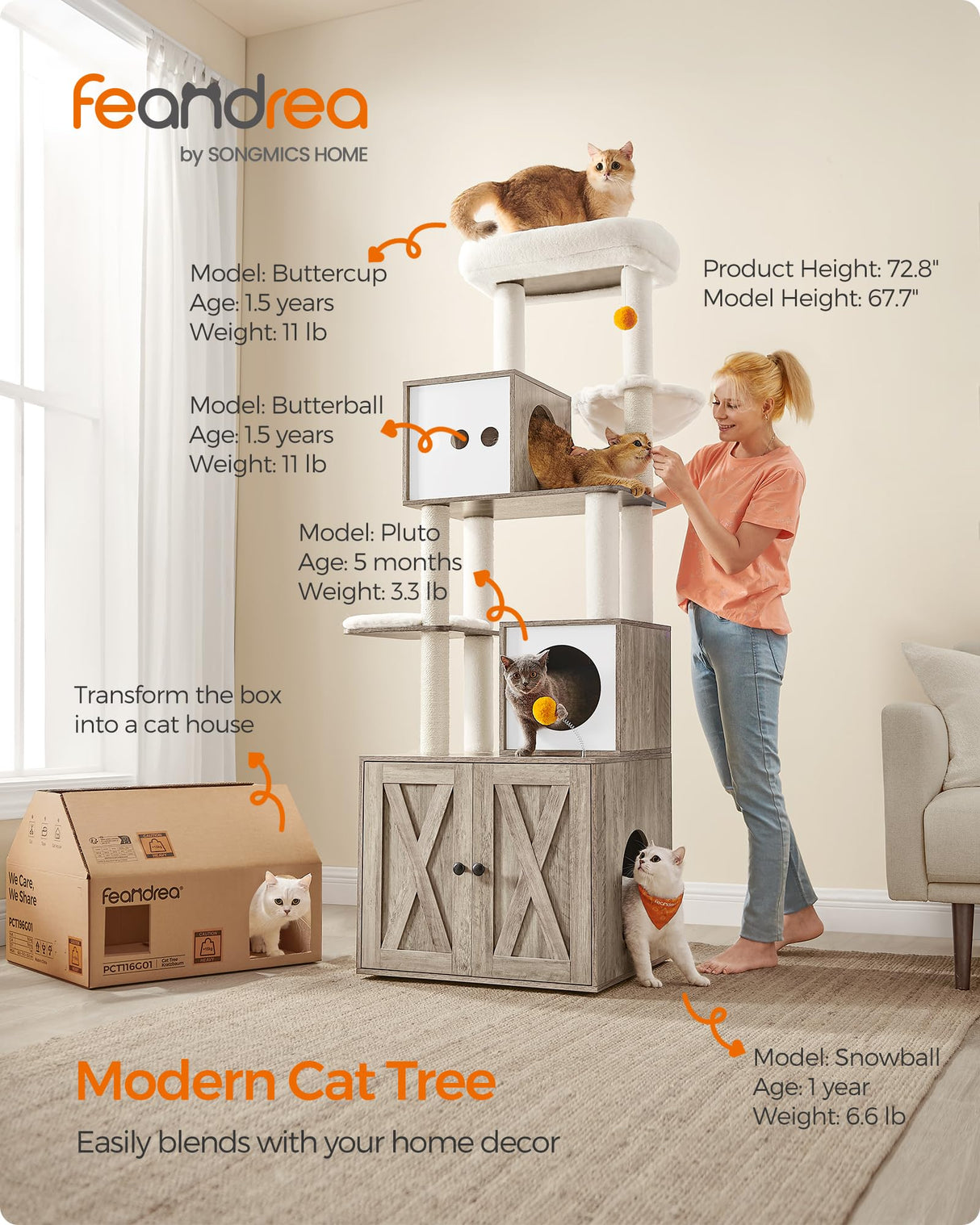 Feandrea Cat Tree with Litter Box Enclosure, 2-in-1 Modern Cat Tower, 72.8-Inch Tall Cat Condo with Scratching Posts, Perch, Caves, Basket, Washable Cushions, Heather Greige UPCT116G01 Feandrea