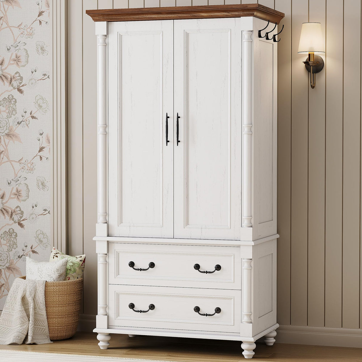 LIKIMIO Farmhouse Armoire Wardrobe Closet with 2 Doors and 2 Drawers, 70" H x 36" W, Large Bedroom Armoire with Roman Column and 3 Hanging Hooks, Wooden Freestanding Closet Cabinet, White LIKIMIO