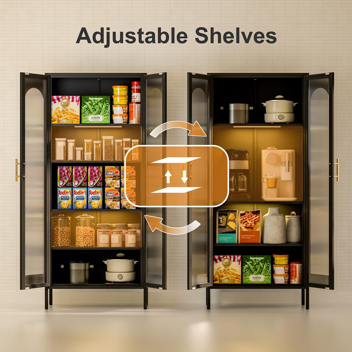 VASAAOSD 71" Kitchen Pantry Storage Cabinet, Display Cabinet with Glass Doors and Lights, Tall Storage Cabinet with Adjustable Shelves, Kitchen Pantry Cabinet for Dining Room, Living Room, Black VASAAOSD