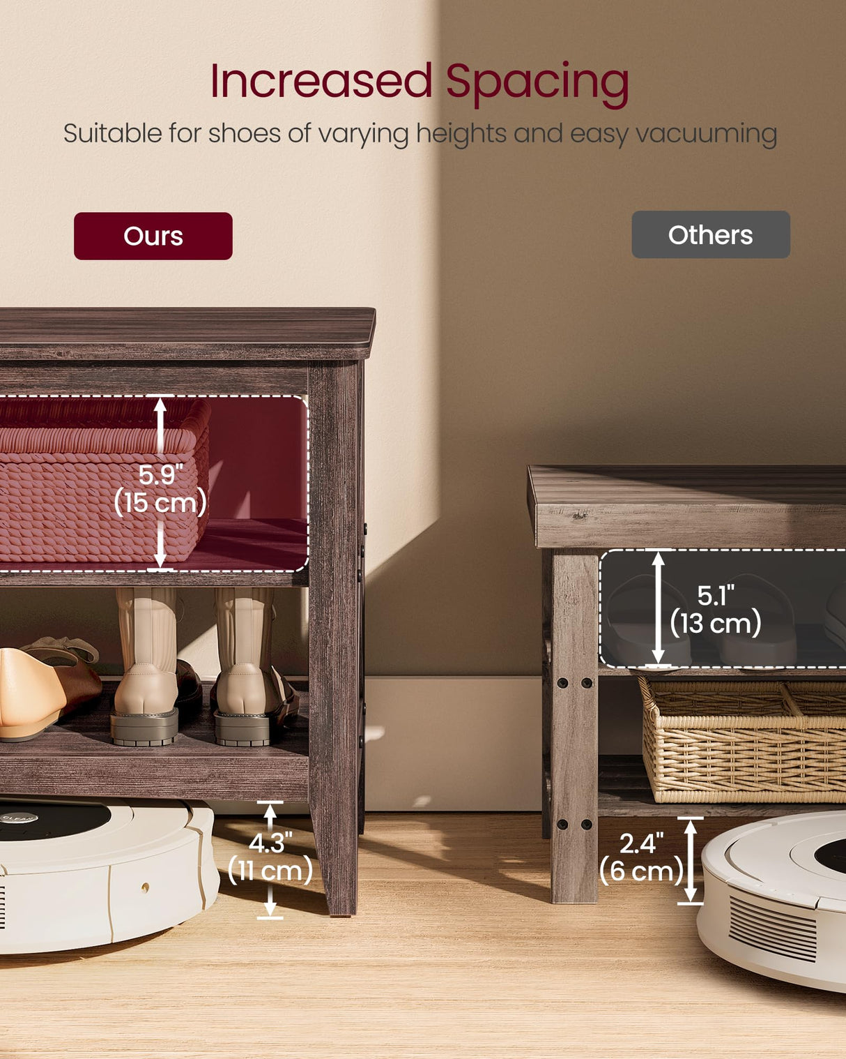 VASAGLE, Entryway Storage Bench, 2-Tier Shoe Rack, 11.8 x 31.5 x 18.9 Inches, Holds up to 300 lb, Farmhouse Style, for Living Room, Bedroom, Maroon Brown ULSB053K51 VASAGLE