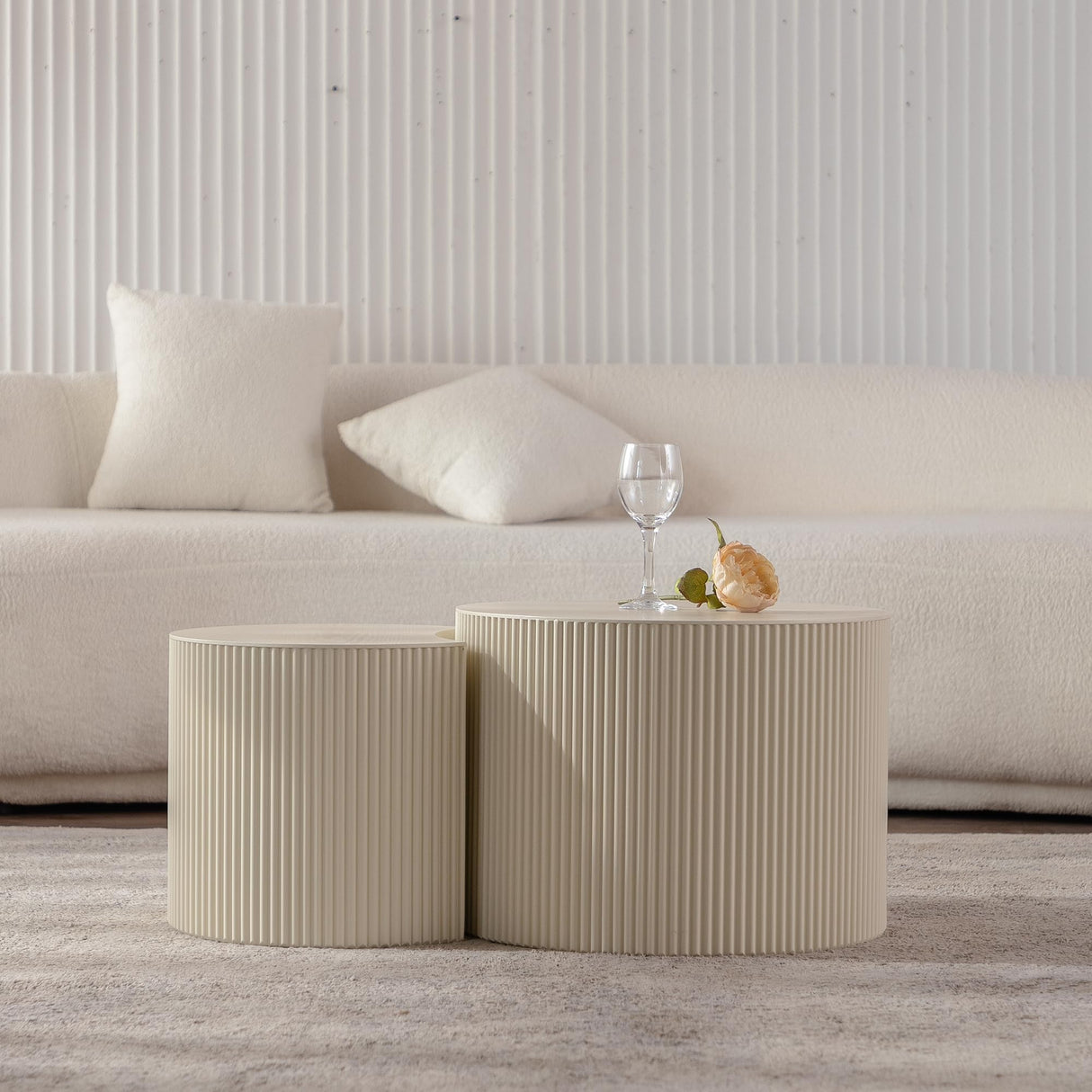 Round Nesting Coffee Table Set of 2, Modern Handcraft Wood Fluted Drum Circle Side Table Small Minimalist Unique Tea End Table for Living Room, No Assembly Required, 27.56" &19.69", Crescent Beige SLEERWAY