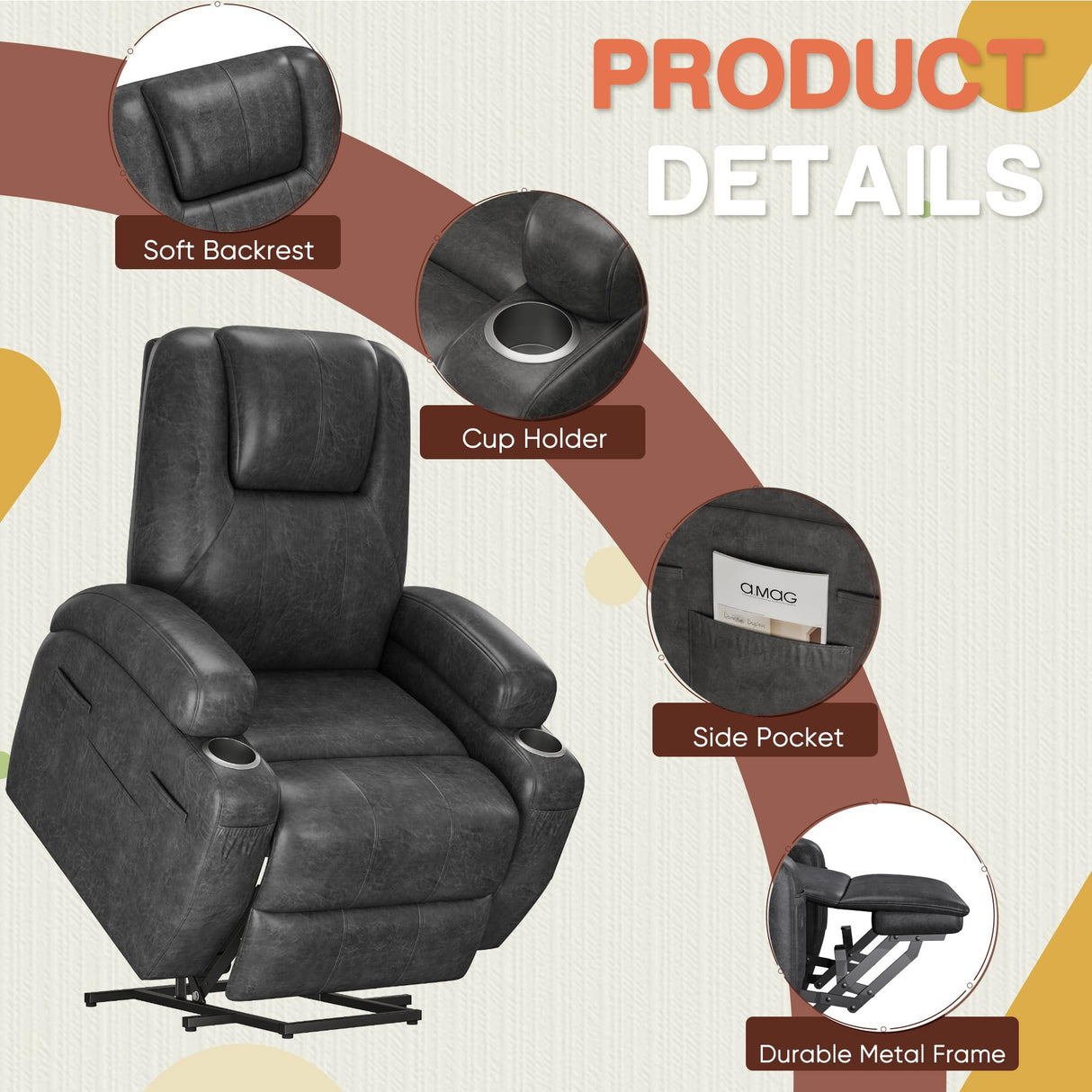 Electric Power Lift Recliner Chair with Massage for Elderly Corduroy Fabric Recliner Single Sofa with Cup Holders, Side Pockets and Remote Control for Living Room Bedroom (Leathaire, Dark Gray) Furmax