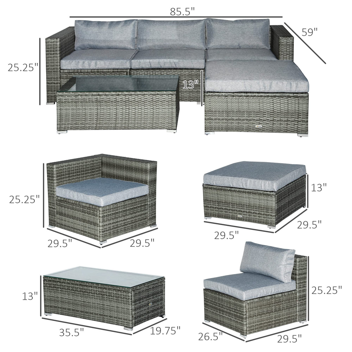 Outsunny 5-Piece Patio Furniture Set with Cushions, Outdoor PE Rattan Wicker Sofa Set, Sectional Furniture with Pillows, Glass Coffee Table for Garden, Backyard, Mixed Gray Outsunny