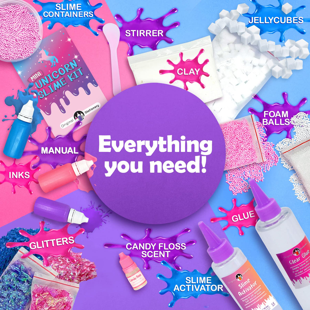 Original Stationery Mini Unicorn Slime Kit for Girls Ages 8-12, Create Unicorn Sparkle, Foam, Clay and Jelly Cube Slime, Fun Crafts for Kids Original Stationery