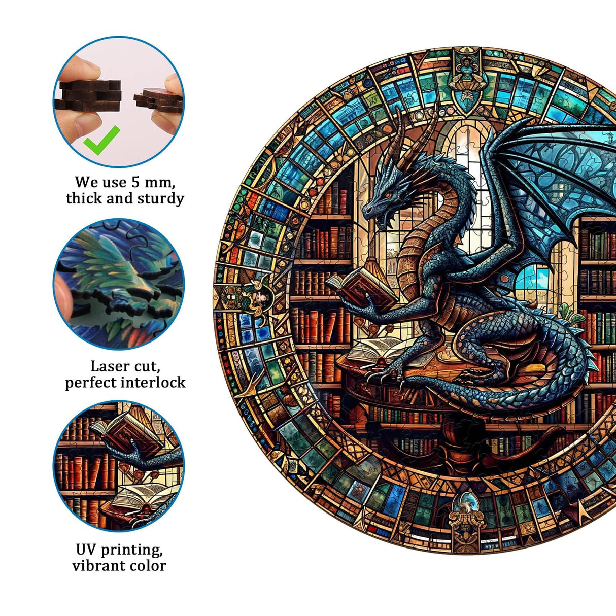 Jigfoxy Wooden Puzzles for Adults, Dragon's Library Wood Puzzles Adult, Unique Animal Shape Wooden Jigsaw Puzzles, Birthday Gifts for Puzzles Lovers Family Friend (S-8.5 * 8.5in-100pcs) Jigfoxy