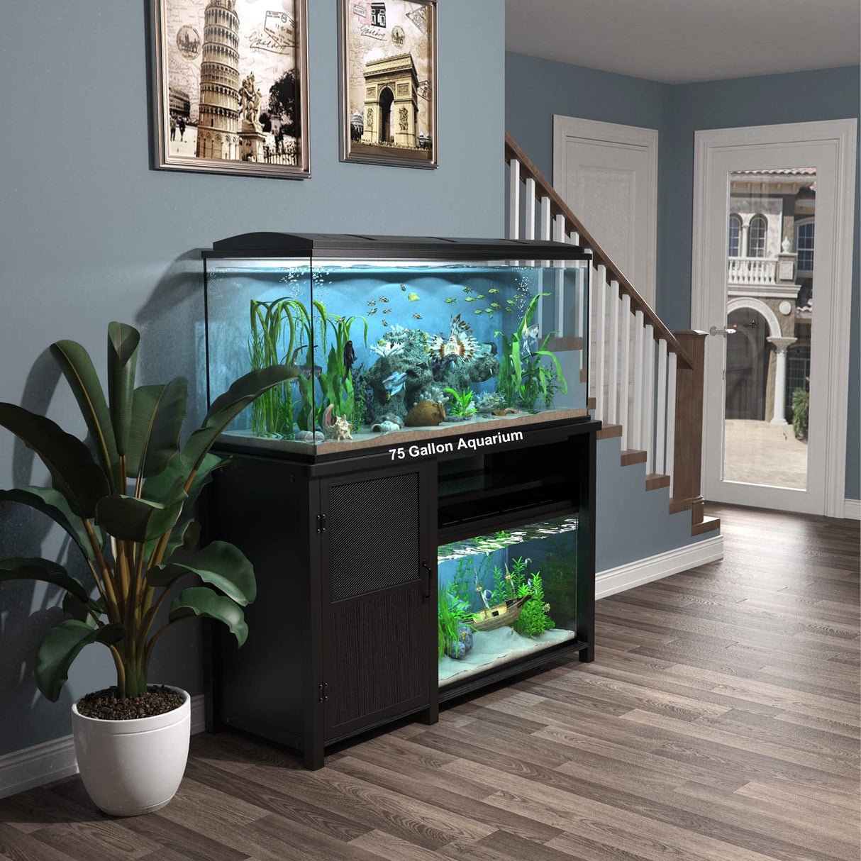 55-75 Gallon Fish Tank Stand,Aquarium Stand with Cabinet Storage and Heavy Duty Metal Frame,52" L*19.68" W Tabletop,1100LBS Capacity GDLF