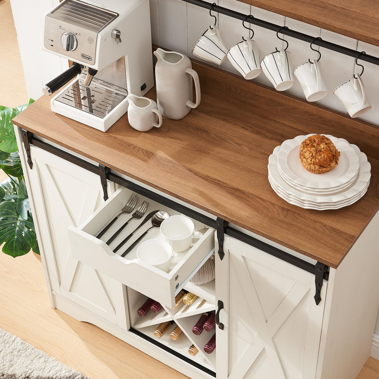 Wnutrees Farmhouse Coffee Bar Cabinet with Charging Station and USB Ports,Sliding Barn Door,39" Kitchen Hutch Sideboard Buffet Storage Cabinet,Fits Kitchen Dining Living Room, Antique White Wnutrees