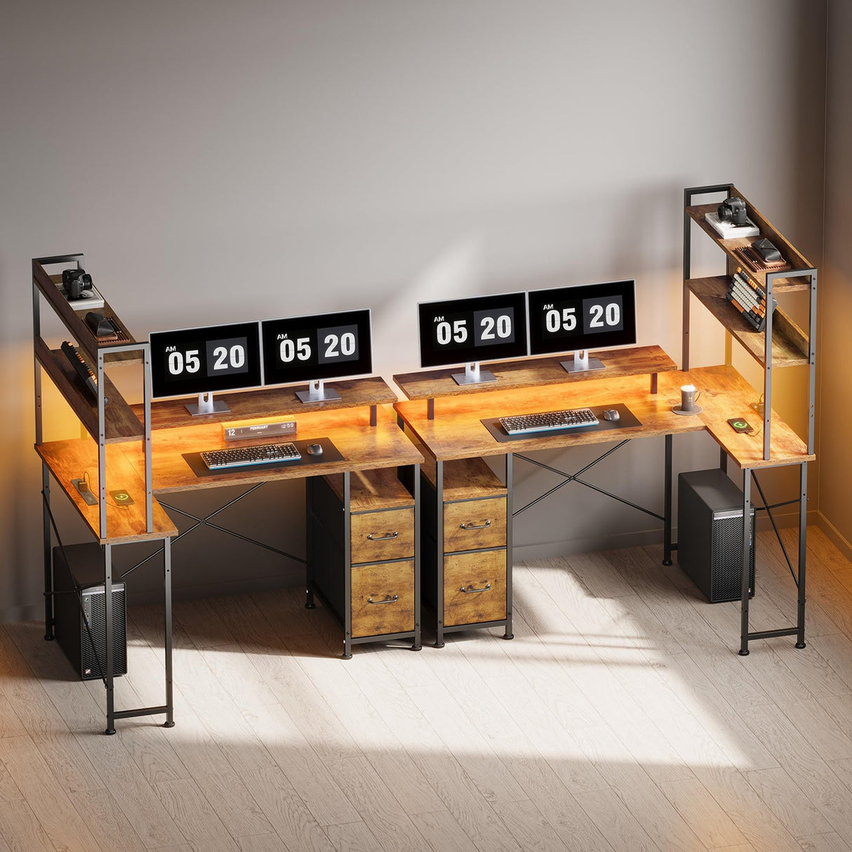 Maihail L Shaped Desk with Shelves,Reversible Computer Desk with LED Lights and Charging Station,Home Office Corner Desk with Monitor Stand,Brown2 Maihail