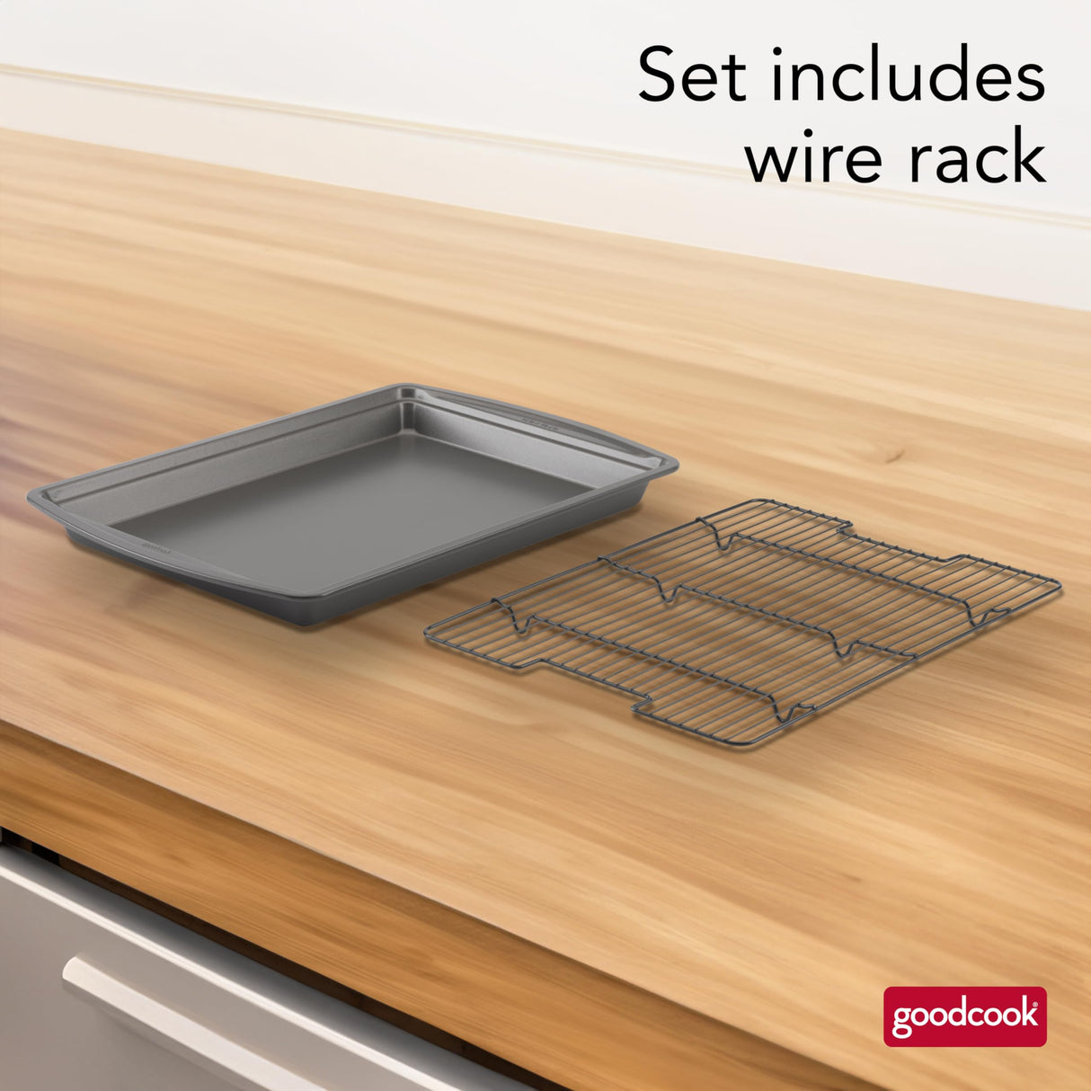 GoodCook 15” x 10.5” Nonstick Carbon Steel Baking Pan & Raised Wire Rack – Pizza Crisper, Crispy Bacon, Multipurpose Cooking Sheet Pan, Cooling Rack, Kitchen Cookware Set, Dishwasher Safe GoodCook