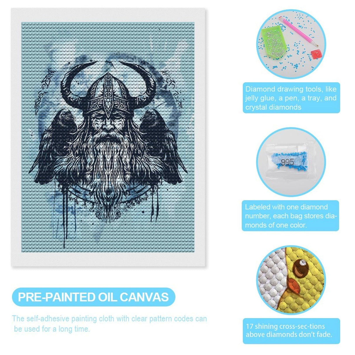 Brkgpw Viking Norse Odin Crow Diamond Art Painting Kit 12x16inch, Adult, Canvas, Unisex, All Seasons Brkgpw