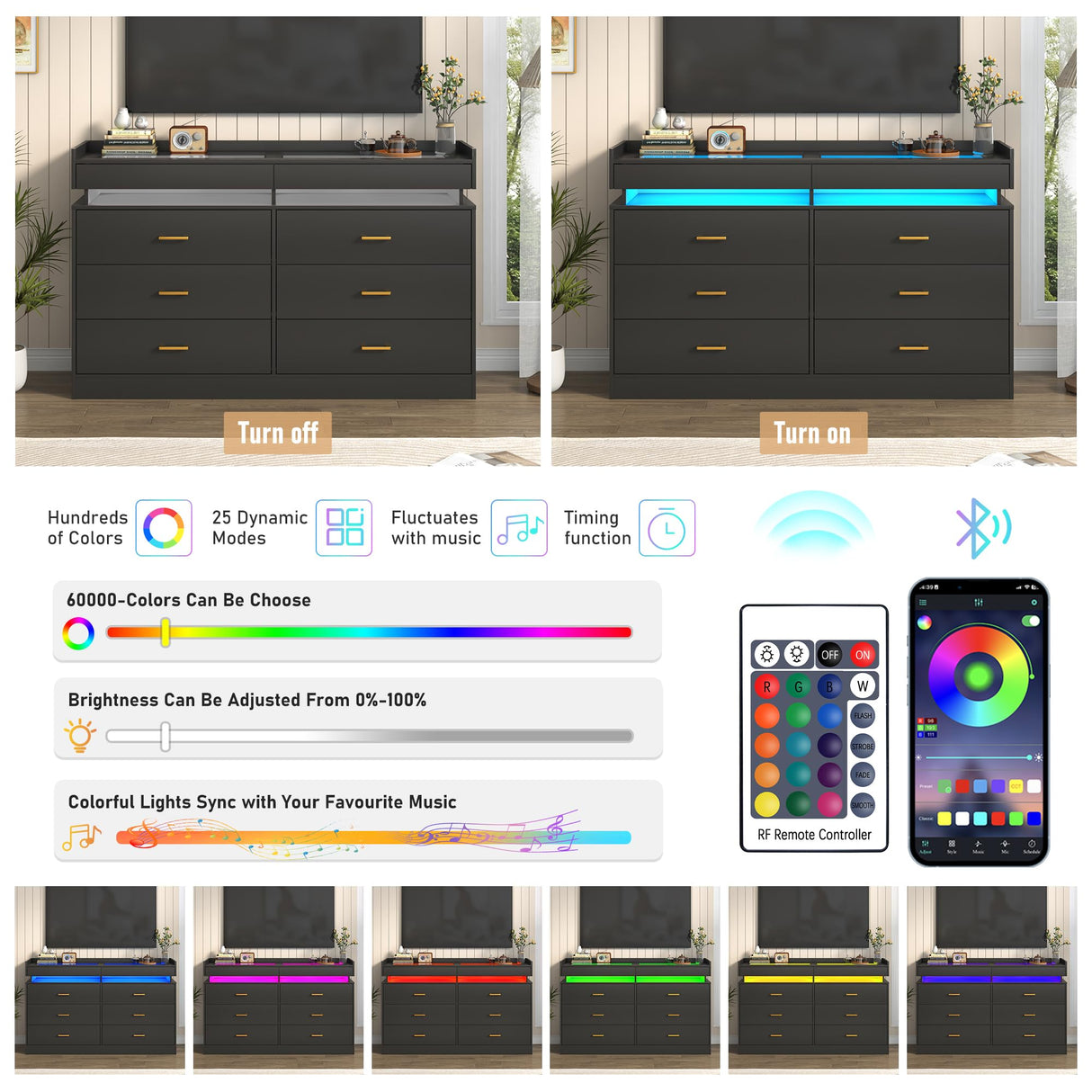 Hlivelood 59''W Long Wooden 8 Drawer Dresser for Bedroom with Glass Tabletop,Modern Wide 6 Chest of Drawers & 2 Jewelry Drawers,LED Light,Charging Station,Tall Storage Dresser for Bedroom,Black Hlivelood