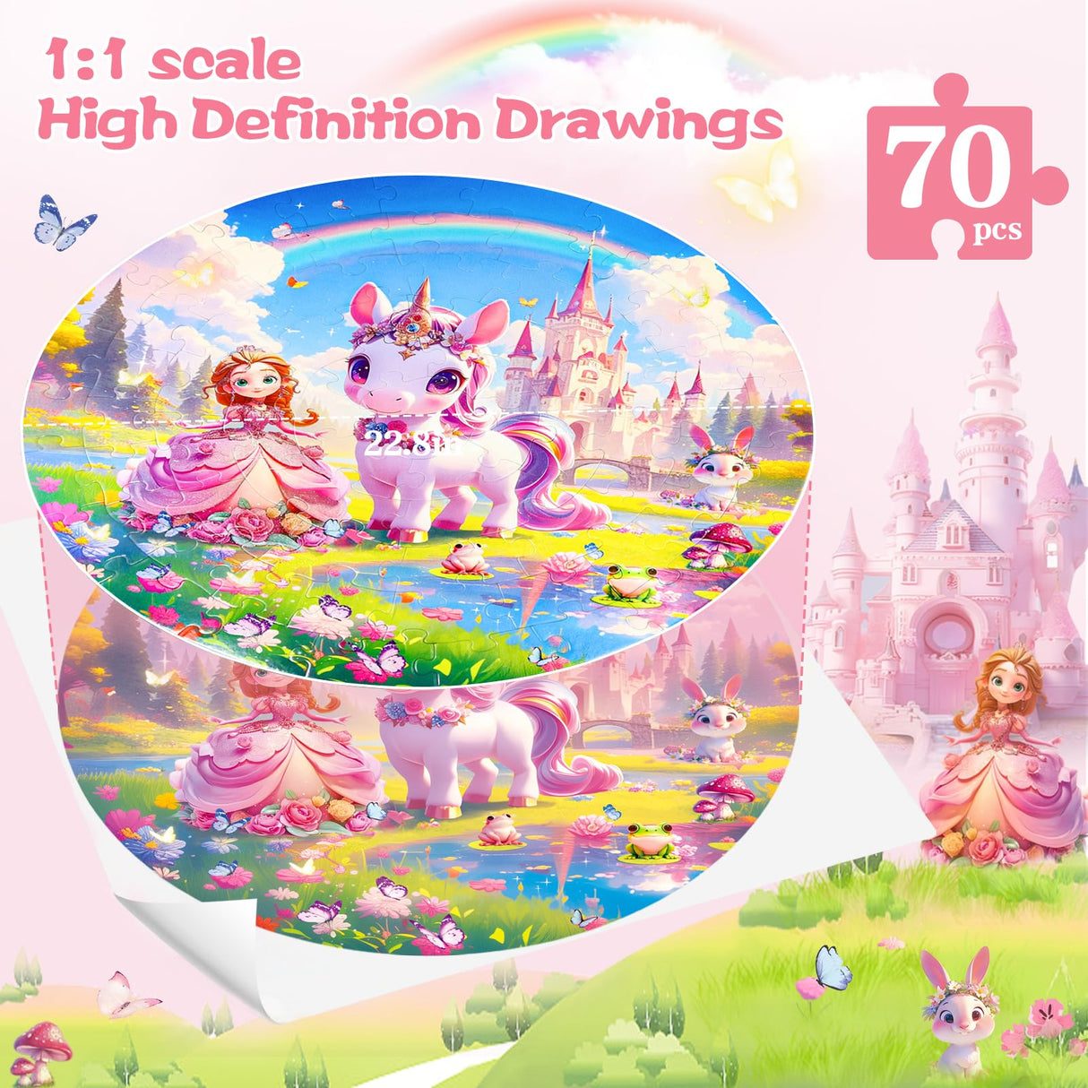 DIGOBAY Floor Puzzles for Kids Ages 4-6, 70 Pieces Large Round Unicorn Princess Floor Puzzle Unicorn Jigsaw Puzzle Toy for 3 4 5 6 Toddler Girls - Educational Christmas, Birthday Gift DIGOBAY