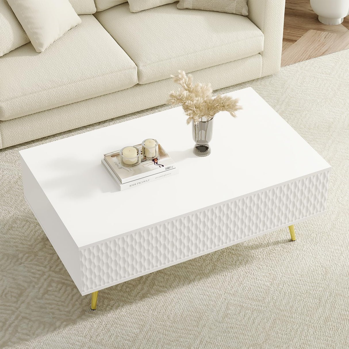 Modern Lift Top Coffee Table,39.37" White Mid Century Coffee Table with Lifting Top for Living Room, Wooden Carved Center Table with Hidden Storage Metal Legs, Fluted Panel, Adjusting to Dining Table VOXANOXI