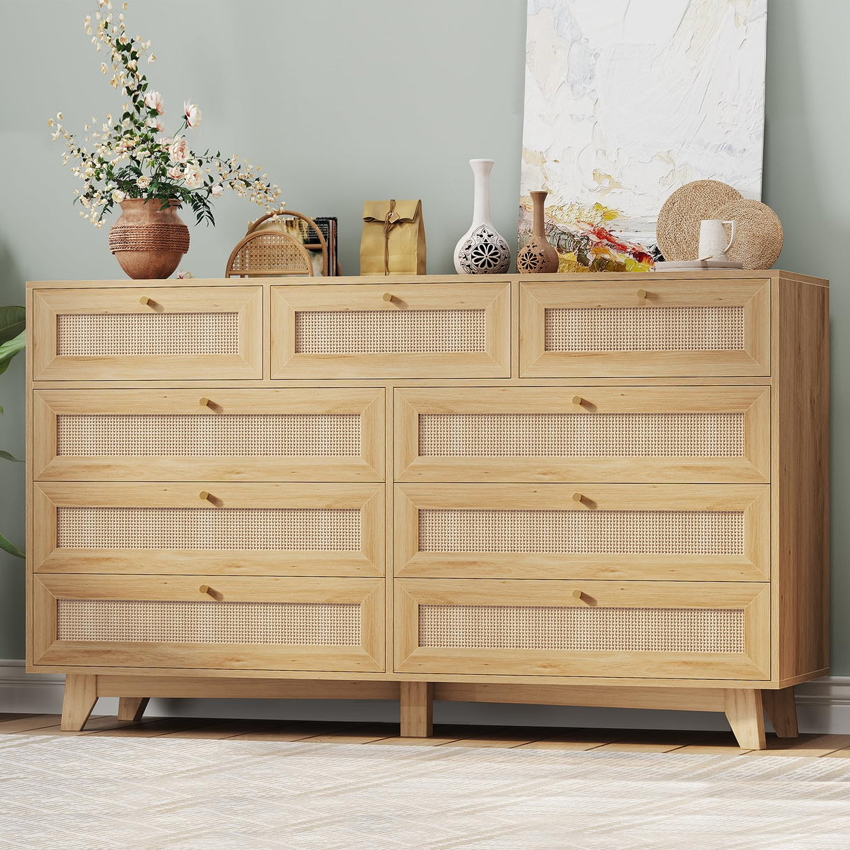 AOGLLATI Rattan Dresser for Bedroom with 9 Drawer, Modern Wooden Long Bedroom Dresser, Chest of Drawers with Metal Handle & Solid Wood Legs for Bedroom/Living Room, Wood AOGLLATI