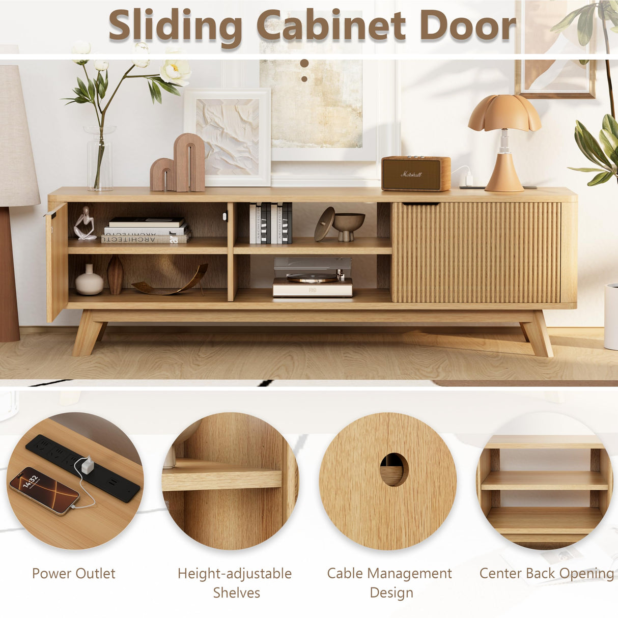 Royal Windsor Modern TV Stand for Living Room,Large TV Table with Fluted Door Cabinets and Open Shelves,Entertainment Center with Storage and TV Mount,Media Console Cabinet with Socket,Wood Grain Royal Windsor