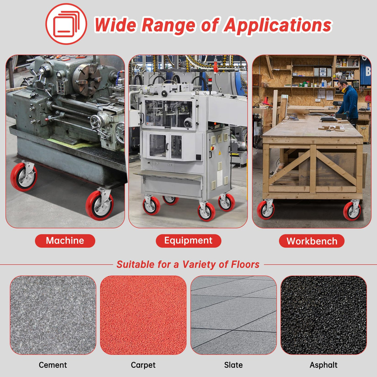 Nefish 8 Inch Heavy Duty Casters Wheels, Industrial Grade Polyurethane Casters Set of 4 with Dual Ball Bearing, Solid Polyurethane Wheel 6000 Lb, Plate Swivel Casters for Cart, Industrial, Machine Nefish