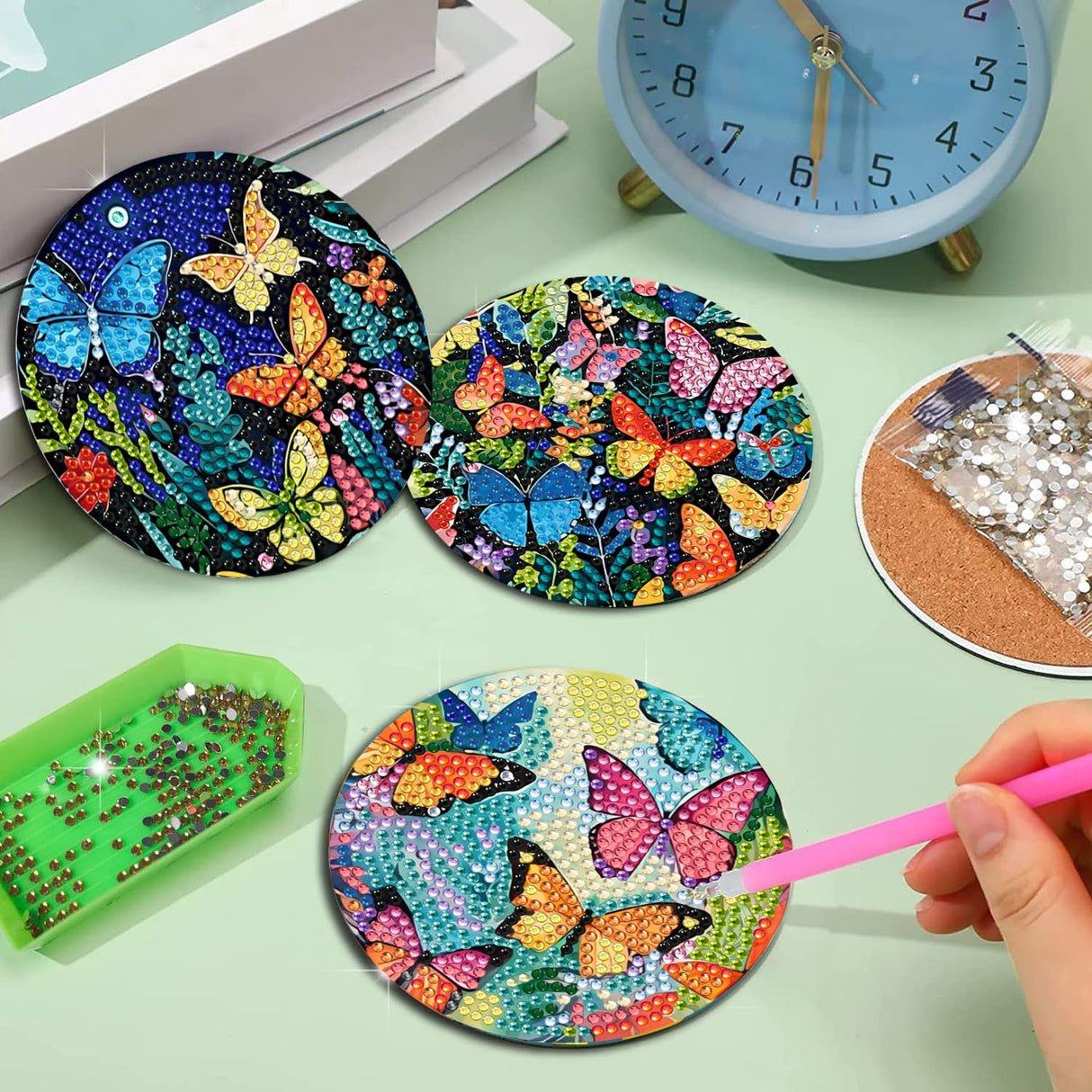 EWJRNSF 8 PCS Small Diamond Painting Coasters Kit, Fall Art Coasters for Adults Beginners, Arts and Crafts Supplies Item Sets Not with Holder Butterfly EWJRNSF
