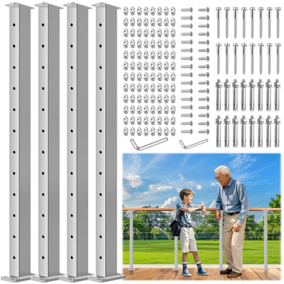 Gyykzz 4 Pack Cable Railing Post 42" (Post 41"x2"x2"), Fixed Top Mount Level Drilled Railing Post with Cable Sleeves, Stainless Steel Level Line Post Handrail Post, Brushed Finish Flat Top Deck Post