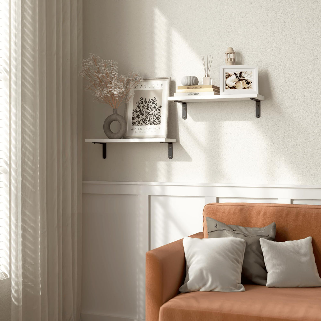 RICHER HOUSE Floating Wall Shelves, Rustic Wood Bathroom Shelves Set of 2, Farmhouse Style Shelf for Décor, Hanging Bedroom, Storage, Kitchen, Living Room - White RICHER HOUSE