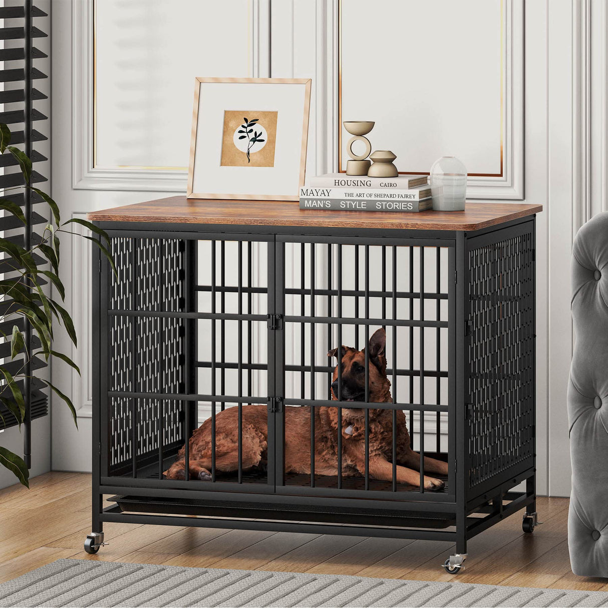 Indestructible Dog Crate, BOINN 42 inch Heavy Duty Extra Large Dog Crate Furniture for Large Medium Dog with Removable Trays, 3 Door, 4 Lockable Wheels & 5 Locks, XL Dog Kennel Furniture Indoor BOINN