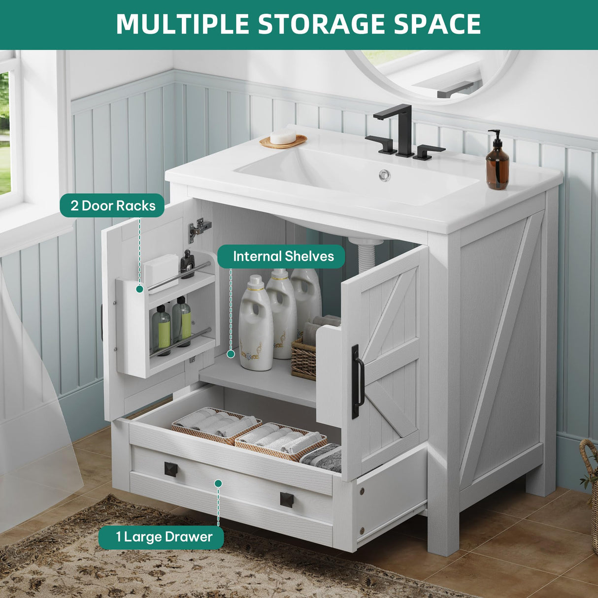 YITAHOME 30" Farmhouse Bathroom Vanity with Sink Combo, Small Space Bathroom Storage Cabinet with Large Drawer, 2 Soft-Closing Wood Barn Doors with Built-in Shelves, White YITAHOME