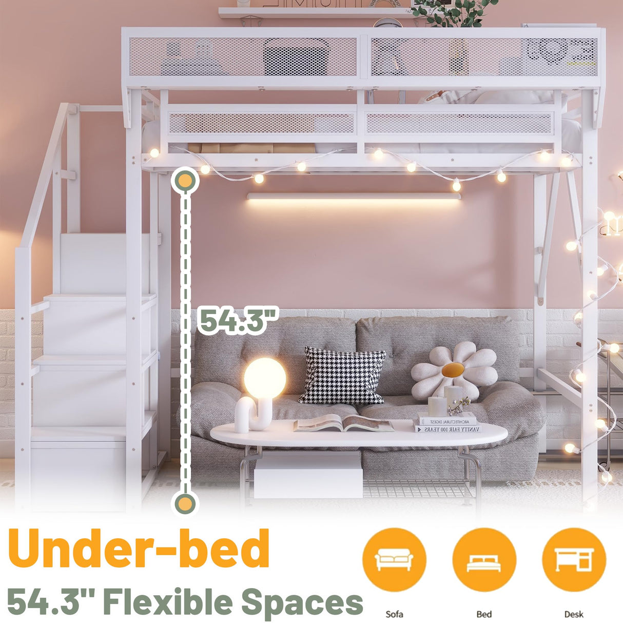 MoproBeti Full Loft Bed with Stairs, Metal Loft Beds Full Size with Storage Shelves, Adults Loft Bed with Wardrobe, Heavy Duty High Loft Bed for Teens, No Box Spring Needed, No Noise,White MoproBeti