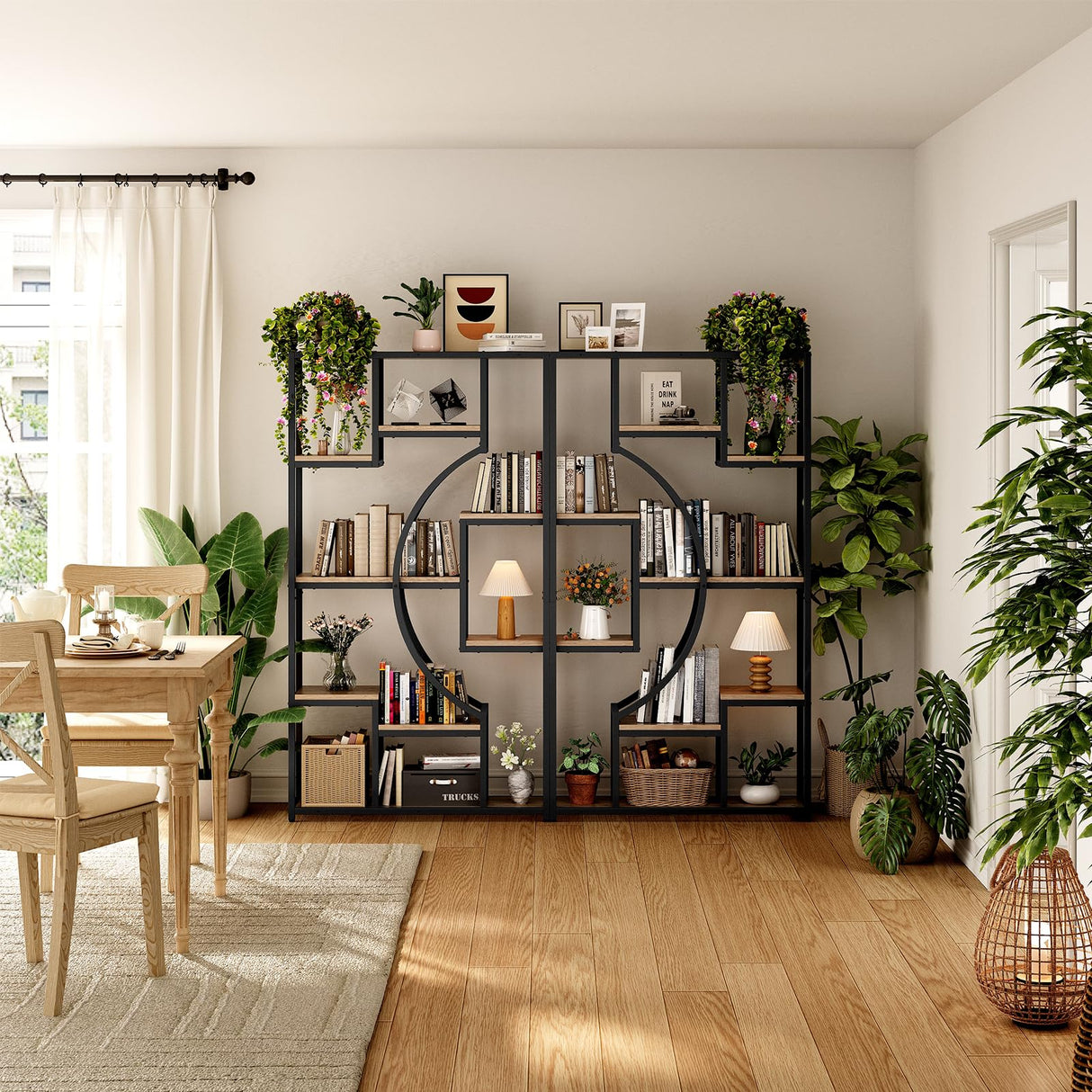 LGHM Industrial 5-Tier Bookshelf with Storage, 70.9 Inch Tall Large Display Bookcase - Modern Metal Standing Shelves for Living Room, Office and Bedroom, Set of 2, Greige LGHM