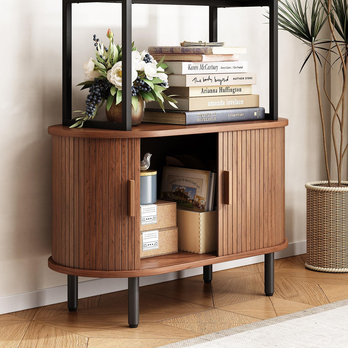 ONBRILL 71" Tall Bookshelf, 4-Tier Book Shelf with Storage Cabinet, Modern Bookcase with Sliding Door and Adjustable Footpad, Freestanding Storage Organizer Bookshelf for Living Room, Bedroom, Walnut ONBRILL