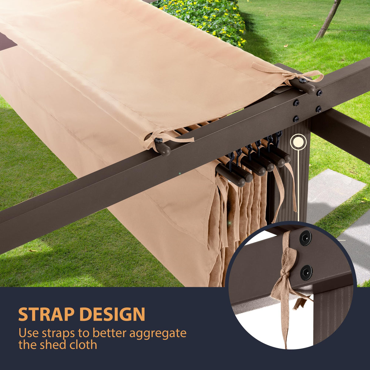 HAPPATIO 12' X 12' Pergola Retractable Pergola Canopy for Backyards, Gardens, Patios, Outdoor Pergola with Sun Shade Canopy, includes Ground Studs and Expansion Screws (Brown) HAPPATIO