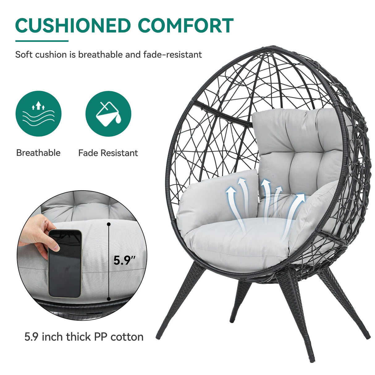 YITAHOME Large Wicker Egg Chair with Stand for Indoor and Outdoor, Cushion, and Adjustable Leveling Feet, Large Lounger for Garden, Patio, Balcony, Backyard,Supports up to 330lbs, Gray YITAHOME