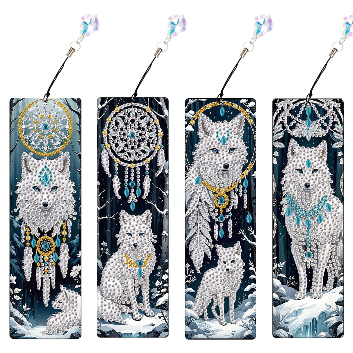 JISHSHAY 4 PCS Diamond Art Book Marks Wolf Diamond Painting Bookmarks Dreamcatcher Gem Art Bookmarkers Animal Gem Painting Book Markers Mosaic Kits for Adults Page Markers Embroidery Bookmarks JISHSHAY