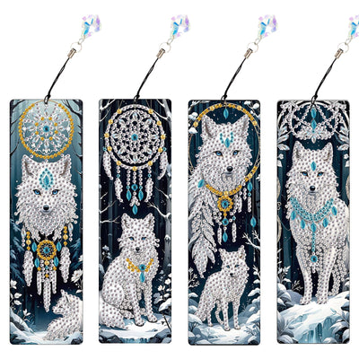 JISHSHAY 4 PCS Diamond Art Book Marks Wolf Diamond Painting Bookmarks Dreamcatcher Gem Art Bookmarkers Animal Gem Painting Book Markers Mosaic Kits for Adults Page Markers Embroidery Bookmarks