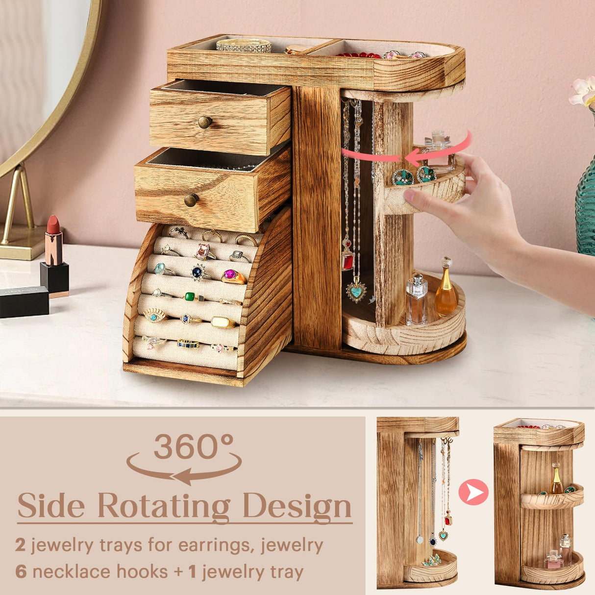 BNING Wood Jewelry Box, Solid Wooden Rotating Jewelry Box Organizer for Women, Gifts for Girls - 4 Layer Rustic Small Jewelry Organizer Box with 3 Drawers for Necklace Ring Earring Bracelet BNING