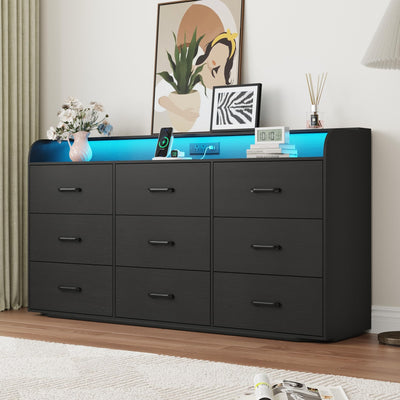 9 Drawers Dresser for Bedroom, 63" Wood Dresser with Power Outlet, LED Lights and Deep Drawers, Wide Chest of Drawers, Modern Minimalist Closet Dresser for Kids Bedroom, Living Room, Nursery, Black