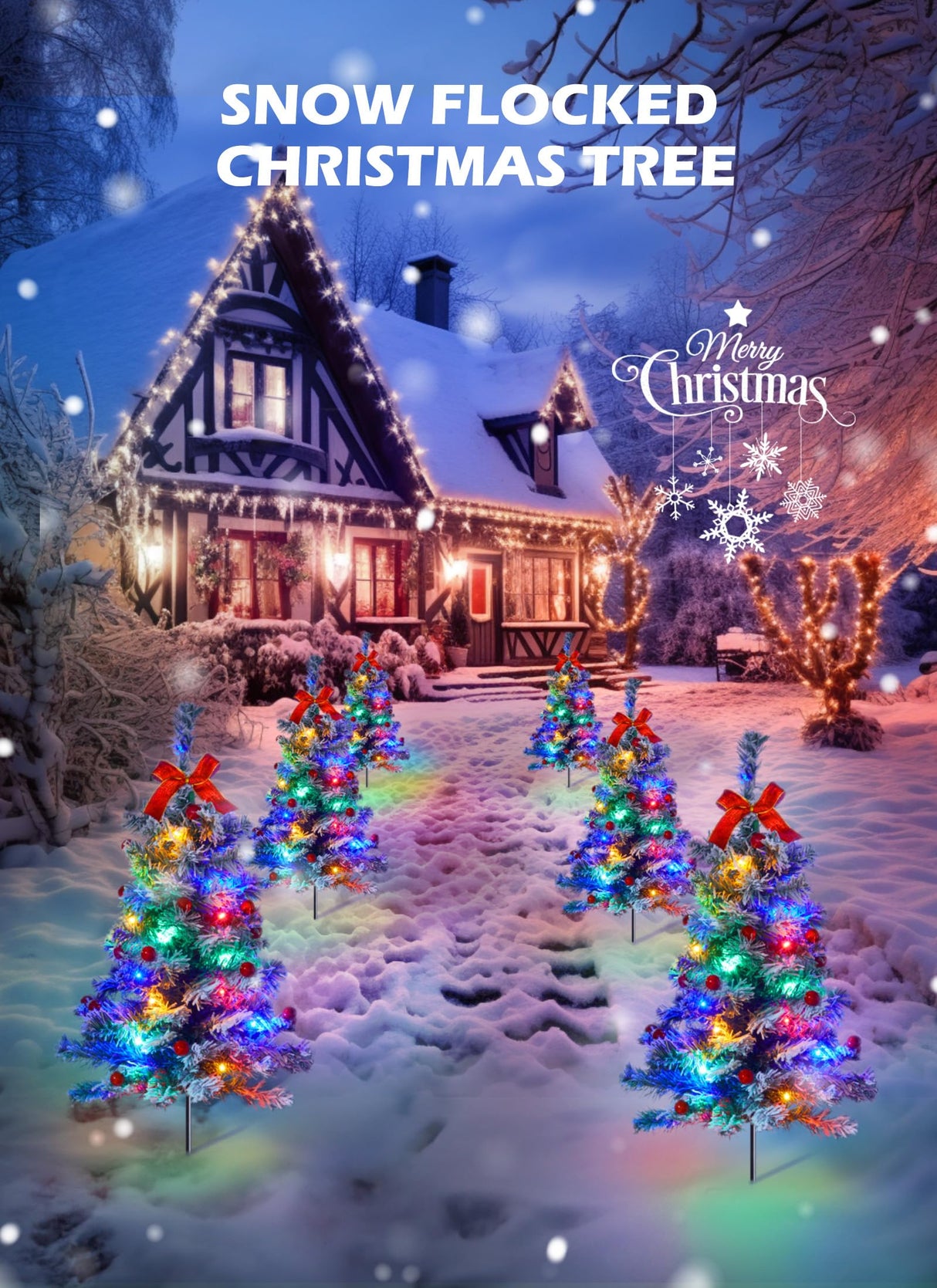 Pathway Christmas Tree, 4 Packs Each 2.5 Ft Snow Flocked Outdoor Xmas Tree Christmas Outdoor Decorations Yard Sidewalk Driveway Walkway Grave Cemetery Christmas Trees Brightown