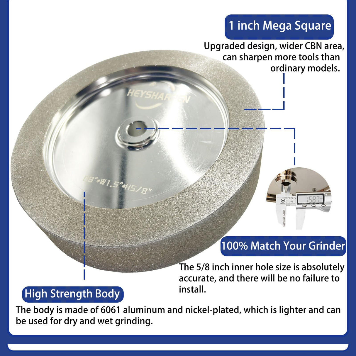 Mega Square CBN Grinding Wheel 8 inch 80 Grit,1.5” Wide,5/8” Arbor,1" Down The Side,for Sharpening Woodturning and HSS Tools,Suitable for All Kinds of 8-inch Bench Grinders(80 Grit) HEYSHARPEN