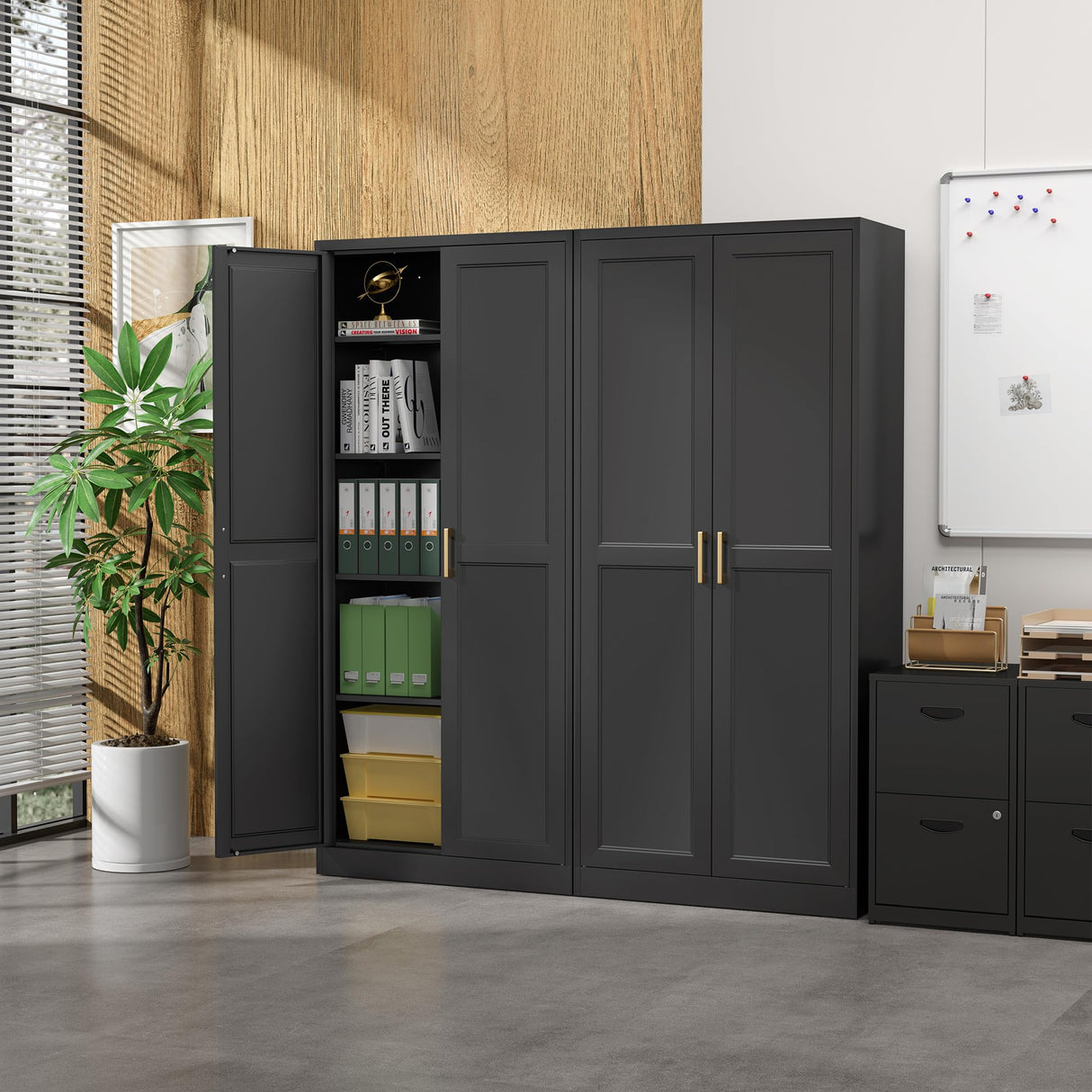 Kitchen Pantry Cabinet,71”Black Metal Pantry Storage Cabinet with Doors and 4 Adjustable Shelves,Kitchen Cabinet with 2 Gold Handles,Tall Cabinet for Livingroom,Pantry, Bathroom SteeLoong
