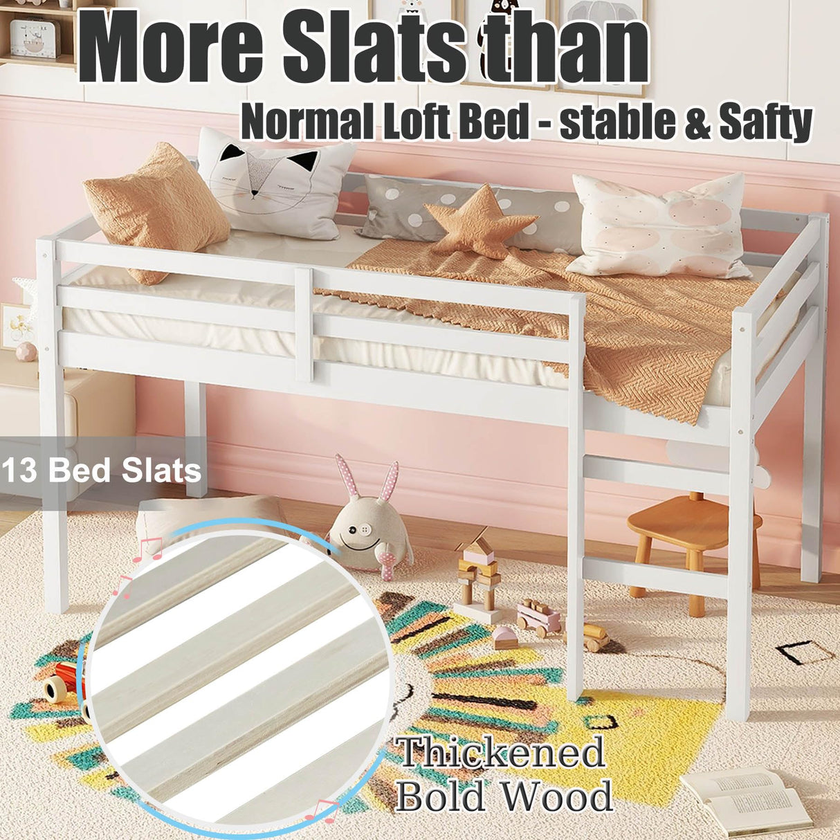 Anwick Twin Low Loft Bed with Stairs and High Guardrail, Wood Junior Loft Bed Frame for Kids Toddler, Space Saving, No Box Spring Needed (White) Anwick