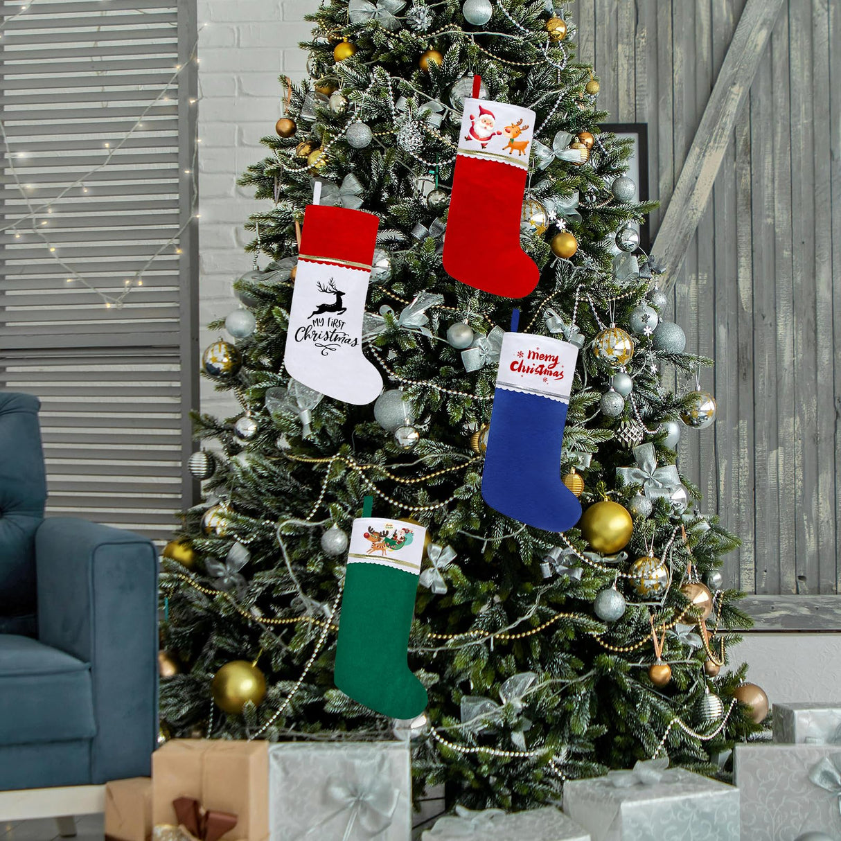 Subyan 12 Pack Felt Christmas Stockings, 19 Inches Red and Green Christmas Stocking Hanging Ornaments with Gold Trim for Family Christmas Holiday Decorations DIY Craft Large Xmas Stocking Subyan