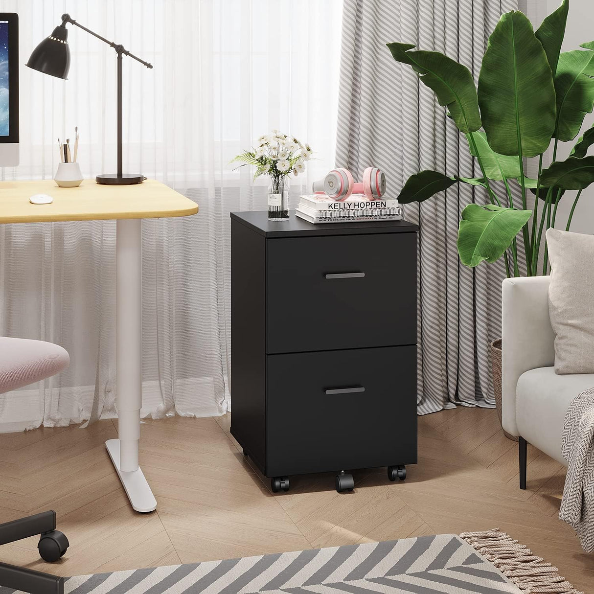 2 Drawer Mobile File Cabinet, Wood Rolling Filing Cabinet Printer Stand Under Desk Storage Organizer Fits Letter Size File Folders for Home Office (Black) Panana