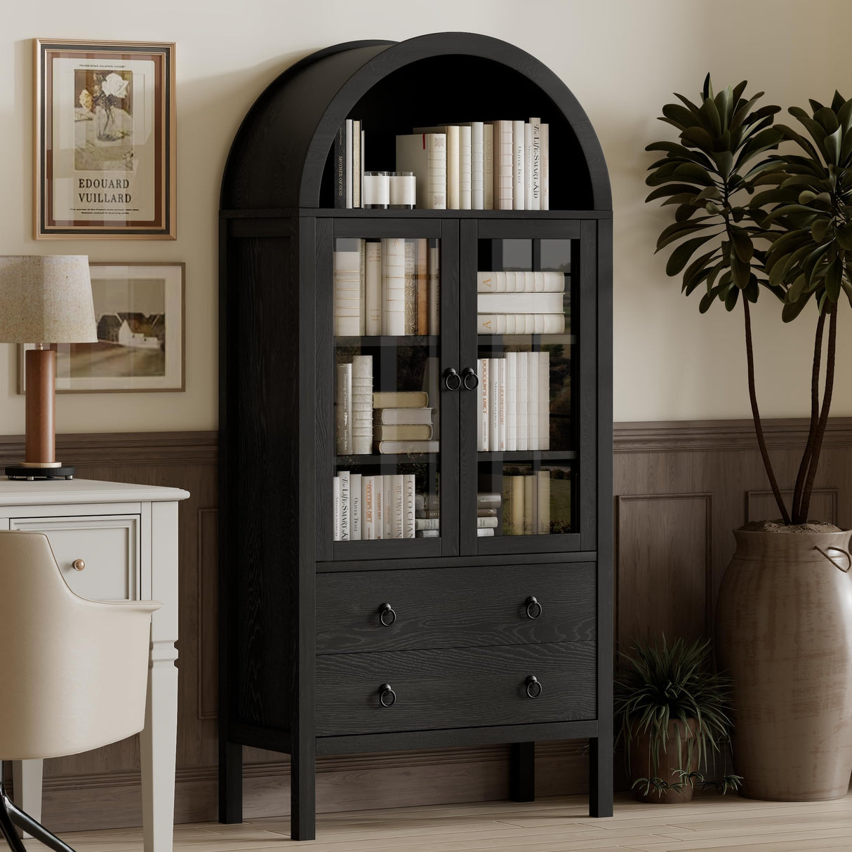 MECHYIN 71'' Tall Arched Cabinet, Arched Kitchen Pantry Cabinet with Doors, Wood Arch Storage Cabinets Display Bookcase with 2 Large Drawers and Adjustable Shelves, Versatile Cupboard for Living Room MECHYIN