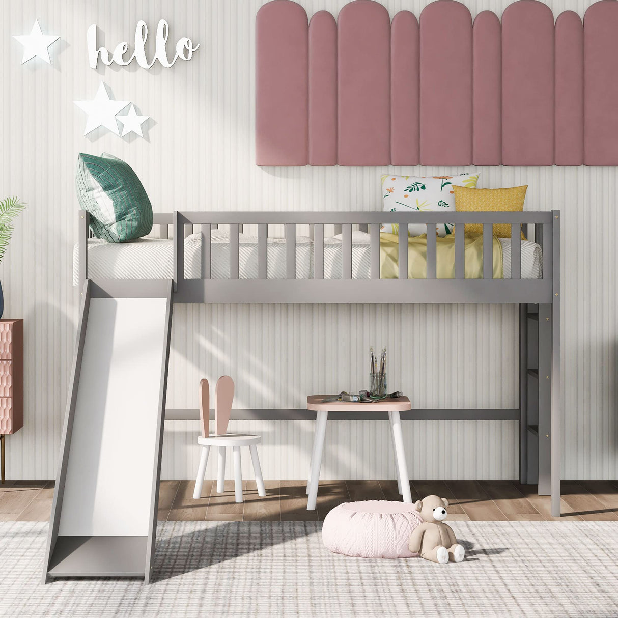 Bellemave Twin Size Loft Bed with Ladder & Slide, Toddler Loftbeds with Safety Rails,Wood Twin Low Loft Bed with Storage Space for Kids Toddler (Gray) Bellemave