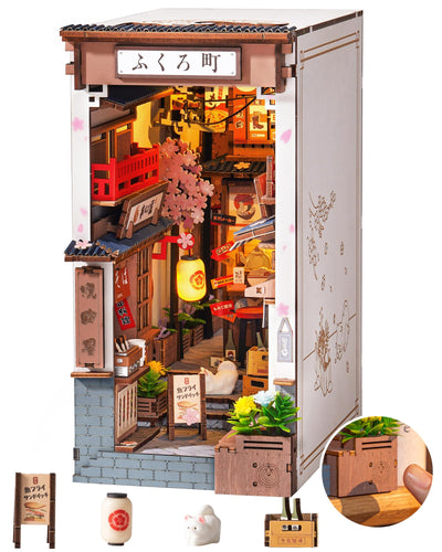 ROBOTIME Book Nook Kit DIY Miniature House Kit for Adults 3D Wooden Puzzle Bookends Bookshelf Diorama Insert Dollhouse Creative Decorative Unique Gifts for Teens and Beginners (Sakura Wine Alley)