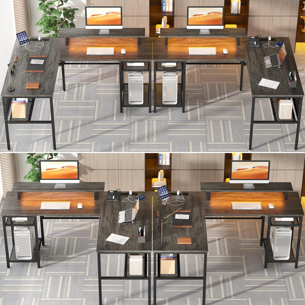 Unikito 55 Inch L Shaped Computer Desk with Power Outlets, Smart LED Lights & Unique Grid Design Unikito