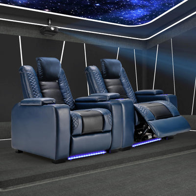 ANJ Power Home Theater Seating Recliner Chairs Set of 2, PU Leather Recliner & Cup Holder, Electric Movie Theater Reclining Chairs with Adjustable Headrest, Blue LED, Hidden Arm Storage (Black-Blue)