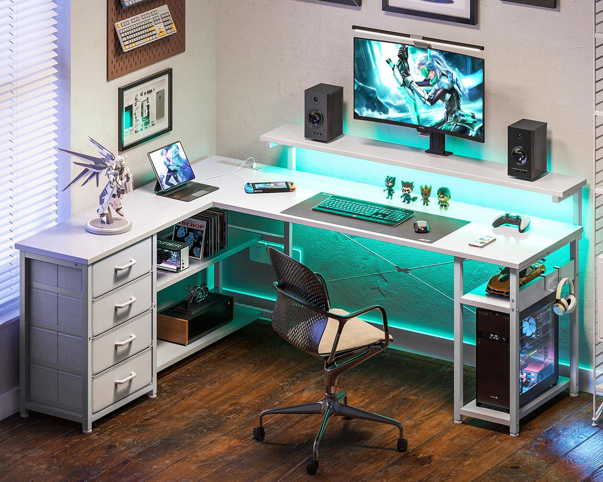 AODK 61" L Shaped Desk with Drawer, Computer Desk with Power Outlets & LED Lights, Reversible Corner Gaming Desk for Home Office Workstation, Office Desk with Monitor Shelf, Pure White AODK