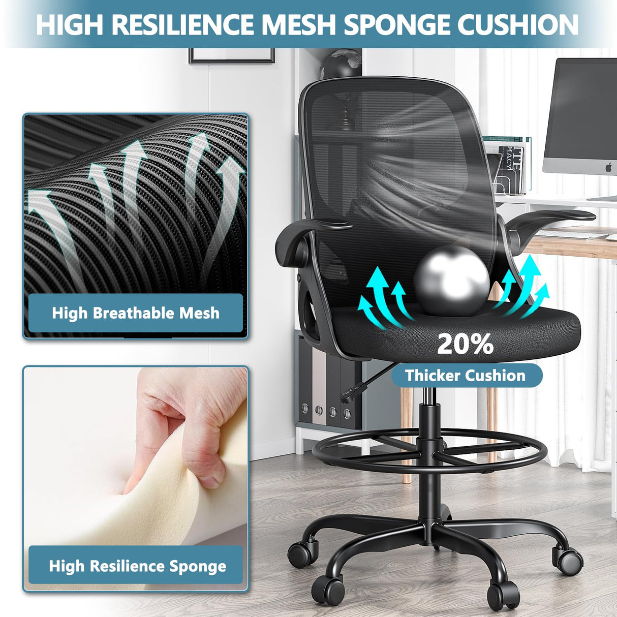 Kensaker Tall Drafting Chair with Footrest Ring for Home and Work, Ergonomic Home Desk Office Chair with Flip up Arms and Lumbar Support, Tall Extended Height Executive Home Desk Office Chair(Black) Kensaker