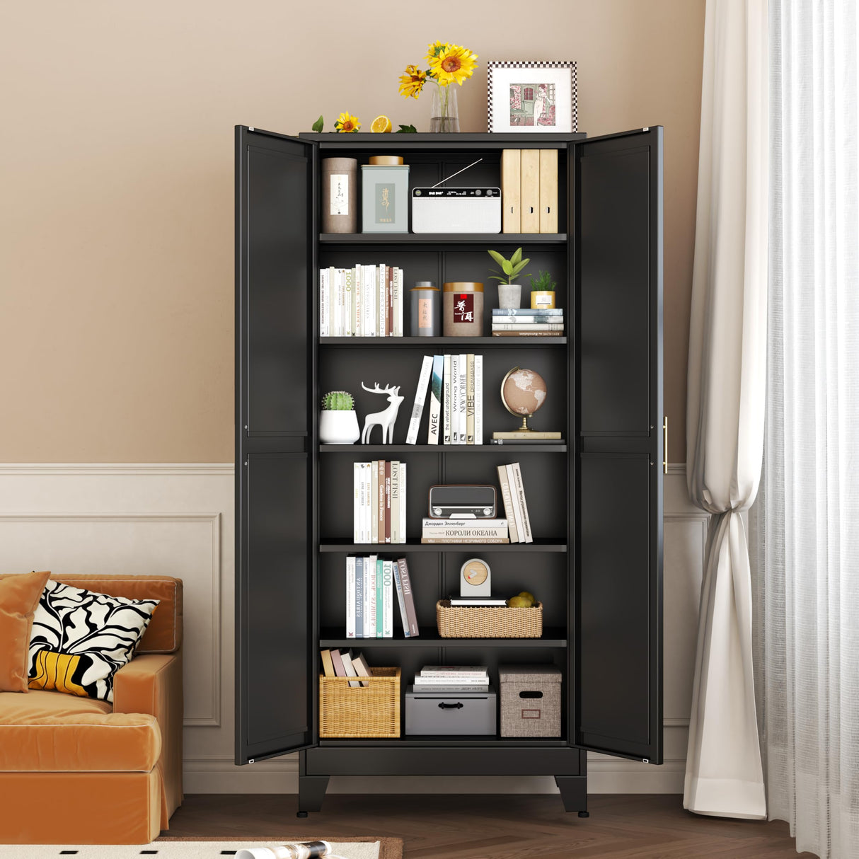 pozdeg Metal Storage Cabinet - 75” Tall Steel File Cabinets with 2 Doors and 5 Adjustable Shelves Versatile Storage Pantry Cabinet for Home Office Warehouse Garage or Outdoor (Black) pozdeg