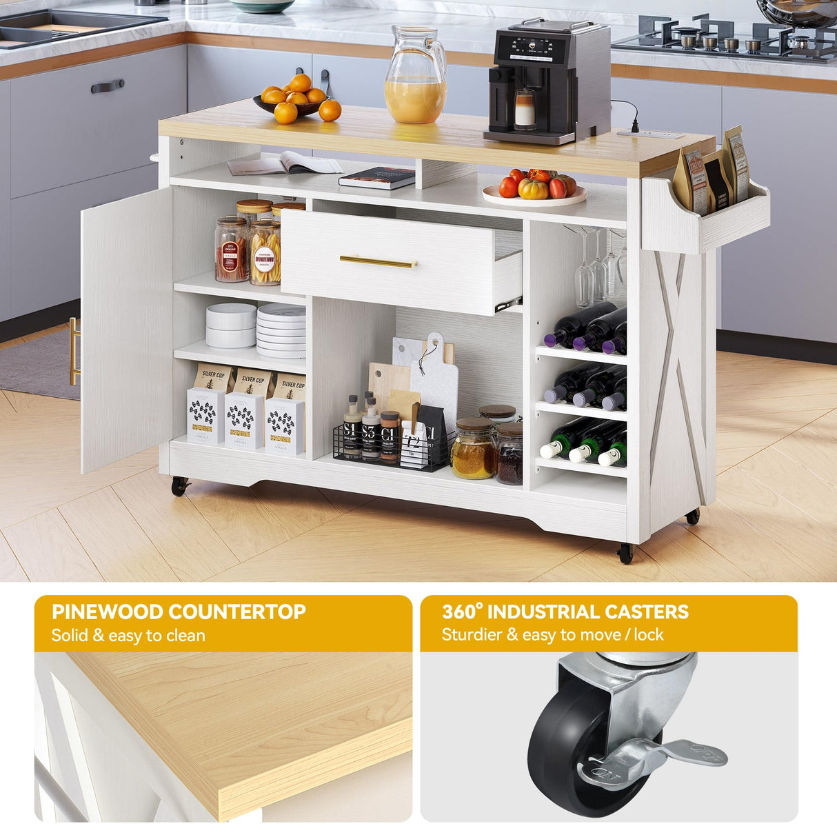 DWVO 53 Inch Kitchen Island with Power Outlet & Wine Storage, Farmhouse Island Cabinet Portable Rolling Islands Cart on Wheels with Thick Table Top Drawer Glass Holder Spice Rack, White Oak DWVO